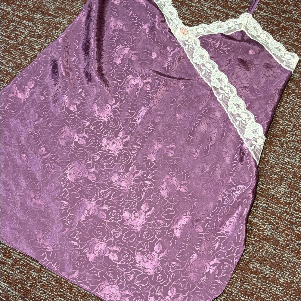 Vintage Angelique purple damask Victorian satin lace trim v neck slip dress L